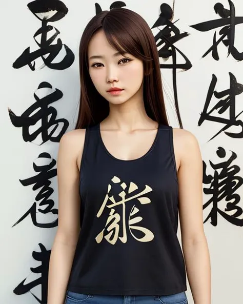 best quality,masterpiece,highly detailed,ultra-detailed, <lora:neg4all_bdsqlsz_V3.5:-1>  
1girl, tank top, leather jacket, 
chinese text  background, 
white background,  <lora:cursivescript:1> cursive script, èæ¸, cursive handwriting, sosho, chho-su, text focus,