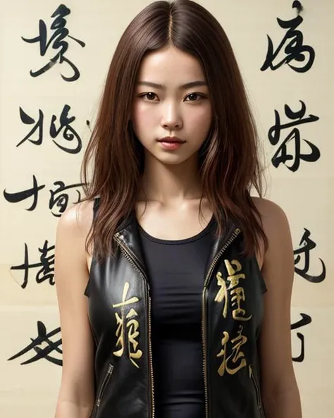 best quality,masterpiece,highly detailed,ultra-detailed, <lora:neg4all_bdsqlsz_V3.5:-1>  
1girl, tank top, leather jacket, 
chinese text  background, 
white background,  <lora:cursivescript:1> cursive script, èæ¸, cursive handwriting, sosho, chho-su, text focus,