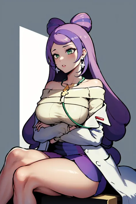1girl, <lora:miriam-nvwls-v1:0.8> miriam, multicolored hair, green eyes, earrings, labcoat, stethoscope, sweater, purple skirt, earrings, off-shoulder sweater, white sweater, purple skirt, sitting, legs crossed