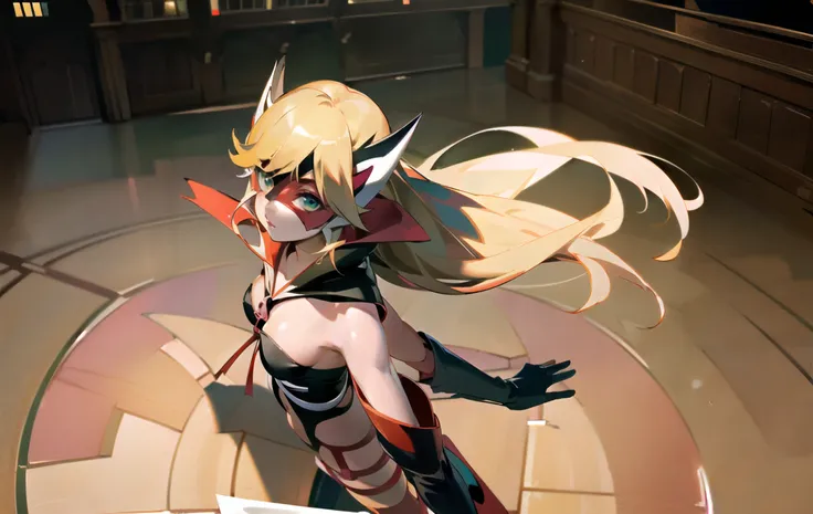 8k, anime, best quality, ultra high res, ultra detailed, (vivid and diverse color tone), extremely detailed lighting, cinematic lighting, soft lights, (masterpiece, high quality:1.4), realistic, nsfw,  <lora:add_detail:0.3>,   <lora:doronjo_yatterman-10:0.8>, (doronjo, blonde hair, red and black mask, green eyes, elbow gloves, huge breasts, navel, armpit, thigh highs), (full body, dynamic pose), ((finely detailed beautiful eyes)), (from above:1.4),