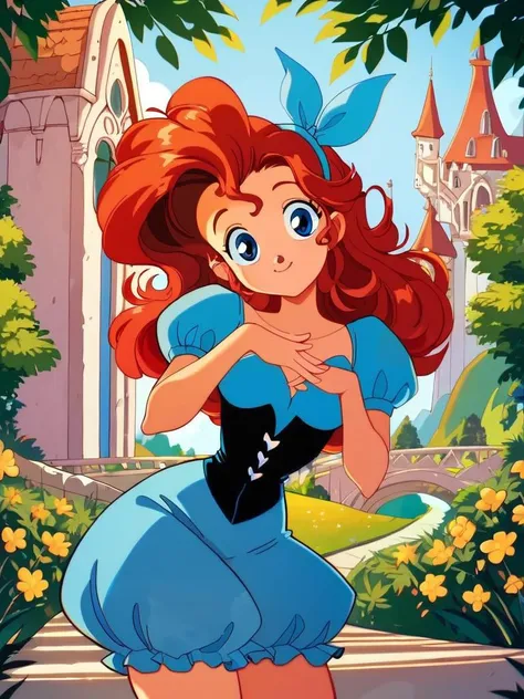 score_9, score_8_up, score_7_up, score_6_up, ArielWaifu walking in a castle, hills, vegetation, leaning forward, cute pose, medium breasts, narrow waist, wide hips, thick thighs, smile, blue eyes, blue dress, hair ribbon, corset, red long hair, retro anime style, looking at viewer, cute, detailed landscape, cowboy shot, cartoon, 4k, masterpiece,  
 <lora:ArielPonyXL_character-08:0.7>  <lora:Faux_Retro_XL:0.8>