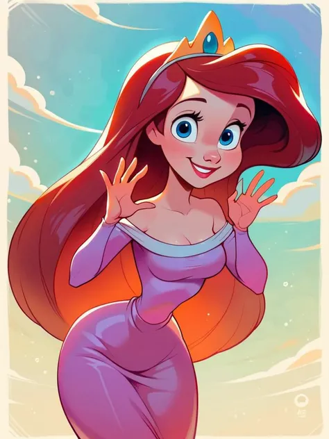 score_9, score_8_up, score_7_up, score_6_up, ArielWaifu swimming on the sea next to a big rock, leaning forward, cute pose, medium breasts, narrow waist, wide hips, thick thighs, smile, blue eyes, pink dress, tiara, red long hair, disney style, looking at viewer, cute, detailed landscape, cowboy shot, cartoon, 4k, masterpiece, leaning forward,
<lora:ArielPonyXL_character-08:0.7> <lora:PAINTED_ANIMATION_ART-STYLEV3:0.4>