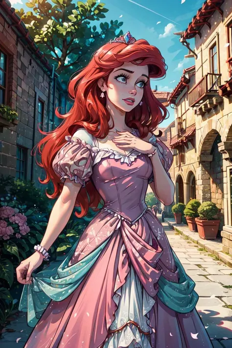 (ArielWaifu), pink dress, tiara, castle, courtyard, nature, flowers, pink flowers, (realistic:1.2), (masterpiece:1.2), (full-body-shot:1),(Cowboy-shot:1.2), warm lighting, (highly detailed:1.2),(detailed face:1.2), (gradients), colorful, detailed eyes, (natural lighting:1.2), solo, sfw, <lora:add_detail:0.3> <lora:BeautifulEyes:0.6> <lora:Ariel_character-20:0.7>