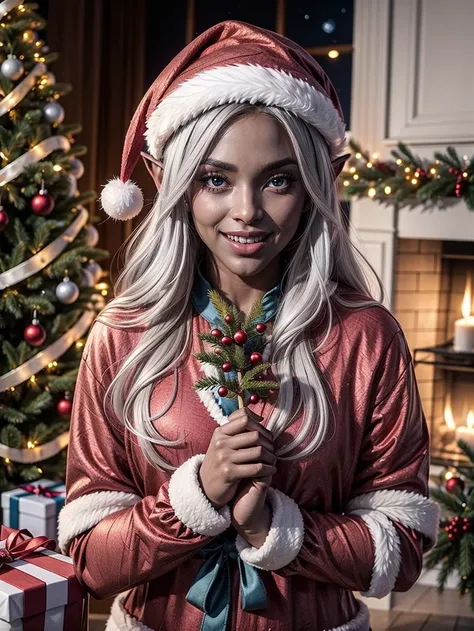 masterpiece, best quality, highly detailed, <lora:drow_offset:0.8> drow, dark elf, colored skin, dark skin, blue skin, grey skin, pointy ears, opening a christmas present, surprised smile, christmas tree, ornaments, christmas lights, candy canes, santa clothes,
