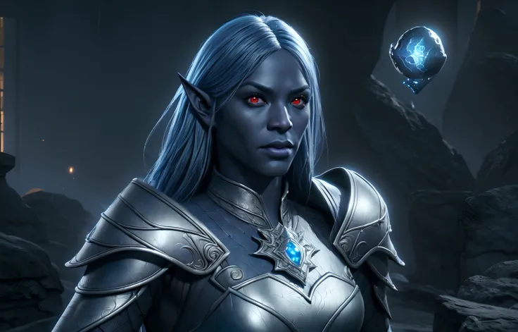 A dunmer wearing ebony mail, intricate ebony armor, glowing red eyes, long white hair, striking a powerful pose, dark fantasy, cinematic lighting, dramatic shadows, highly detailed, unreal engine, matte painting style, moody colors, deep shades of blue, purple and black