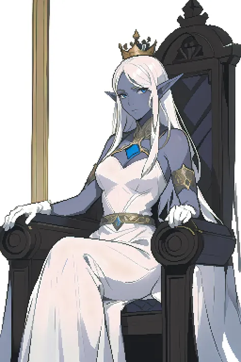 <lora:drow_offset:0.8> drow, dark elf, colored skin, dark skin, blue skin, grey skin, pointy ears, inside castle, crown , white gloves to the elbow, white dress, mature, queen, white hair, woman in her fifties, stern face expression, sitting on a throne, inside throne room,