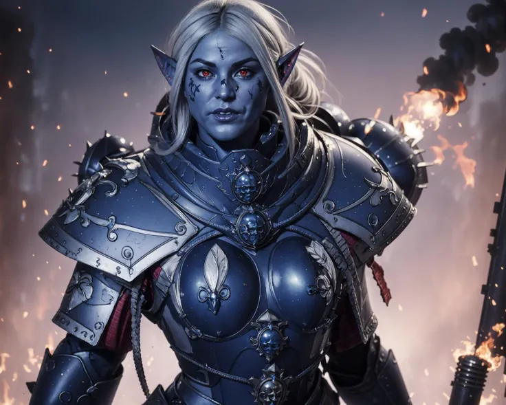 ((best quality)), ((detailed)), ((masterpiece)), sister of battle recovering from a fight, <lora:edgWar40KAdeptaSororitas:1> edgAdepta, ,wearing edgAdepta,power armor,shoulder armor,skull emblem, <lora:drow_offset:0.8> drow, dark elf, colored skin, (((blue skin))), pointy ears, red glowing eyes, destroyed metropolis background, explosion and fire, warzone, beautiful face, scarred face, wide shot, distant view