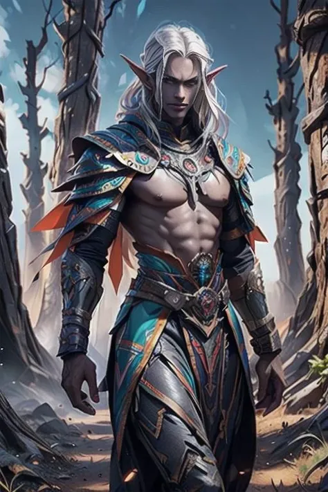 azt3ch, Disney, animation, expressive eyes, perfect face, 
1man Drow, dark elf, dark skin, wearing Aztec Catholic priest clothes, white hair, white pubic hair, exposed chest, (large nipples),
walking toward viewer, medieval fantasy, vibrant woodlands, clear sky, sunlight, detailed background, daytime, magic, looking at other, cowboy shot,
<lora:Clothing - Aztech Armor:0.6>, <lora:drow_offset:1>,