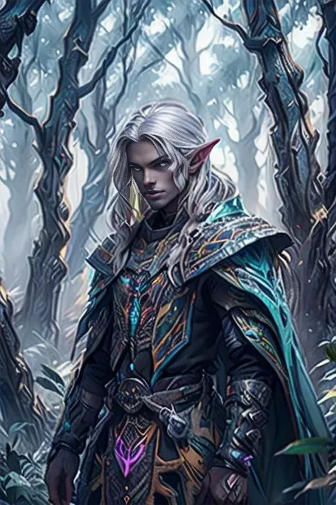 azt3ch, Disney, animation, expressive eyes, perfect face,
1man Drow, dark elf, dark skin, wearing Aztec wizard robe, white hair, white pubic hair, dynamic pose,
medieval fantasy, green forest clearing, vibrant woodlands, clear sky, sunlight, detailed background, daytime, magic, looking at other, cowboy shot,
<lora:Clothing - Aztech Armor:0.8>, <lora:drow_offset:1>,