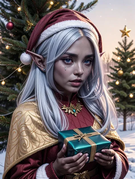 masterpiece, best quality, highly detailed, <lora:drow_offset:0.8> drow, dark elf, colored skin, blue skin, pointy ears, opening a christmas present, crying, forest trees with ornaments, christmas lights,