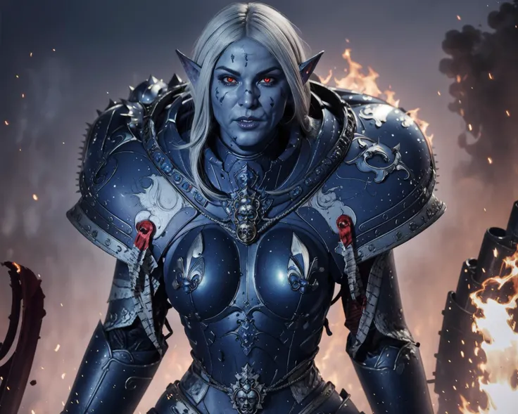 ((best quality)), ((detailed)), ((masterpiece)), sister of battle recovering from a fight, <lora:edgWar40KAdeptaSororitas:1> edgAdepta, ,wearing edgAdepta,power armor,shoulder armor,skull emblem, <lora:drow_offset:0.8> drow, dark elf, colored skin, (((blue skin))), pointy ears, red glowing eyes, destroyed metropolis background, explosion and fire, warzone, beautiful face, scarred face,