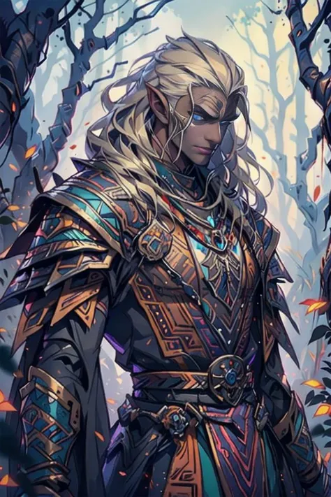 azt3ch, Disney, animation, expressive eyes, perfect face, 
1man Drow, dark elf, dark skin, wearing Aztec Catholic priest clothes, white hair, white pubic hair, exposed chest, (large nipples),
walking toward viewer, medieval fantasy, vibrant woodlands, clear sky, sunlight, detailed background, daytime, magic, looking at other, cowboy shot,
<lora:Clothing - Aztech Armor:0.6>, <lora:drow_offset:1>,