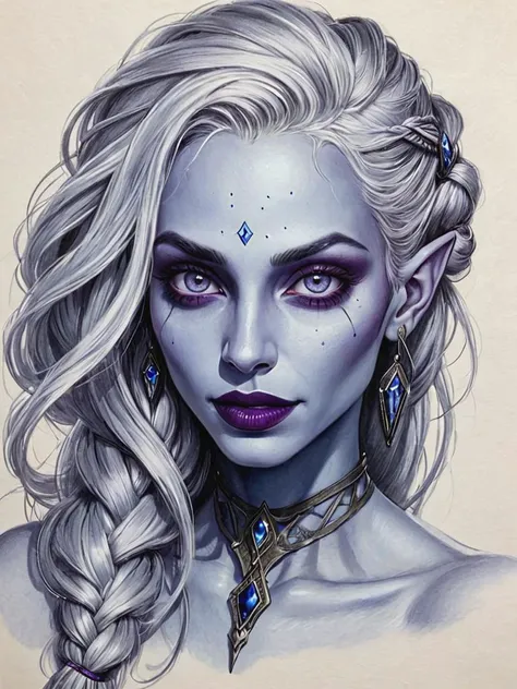 <lora:drow_offset:0.8>beautiful female drow, dark elf, blue skin, (pointy ears:0.4), beautiful, graceful, feminine, mature, elegant, (beautiful eyes, detailed eyes, sparkling eyes:1.6), (long hair, loosely braided), (beautiful lips, detailed lips, full lips, deep plum colored lipstick:1.3), smiling, (makeup:0.6).
2d, sharp, sketch portrait, pencils, pencil H drawing on low grain white paper, hand drawn art, scumbling, extralines, clear lines, hatching, shadow, canvas <lora:add-detail-xl:1.1>.