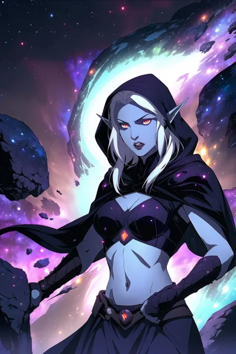 drow, female, pointy ears, solo, elf, navel, hood, colored skin, midriff, long hair, cloak, dark elf, breasts, white hair, hood up, cape, armor, medium breasts, hooded cloak, belt, pouch, red eyes, grey skin, orange eyes, upper body, glowing eyes, lips, (space, nebula, galaxy, universe, starts), cosmic, (dark magic, dark spell circle:0.8), spiky stones, altar, floating rocks, (volumetric lighting:1.1), (masterpiece, best quality:1.1), <lora:drow_offset:1>, <lora:witcher_offset:0.5>