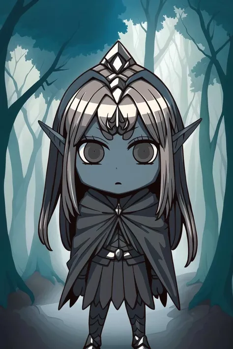 masterpiece, best quality, CG, wallpaper, HDR, high quality, high-definition, extremely detailed, drow, colored skin, dark elf, blue skin, grey skin, pointy ears, cape, armor, looking at viewer, 1girl, forest, dark forest, mythical forest, dimmed light, brown eyes, long hair, chibi,