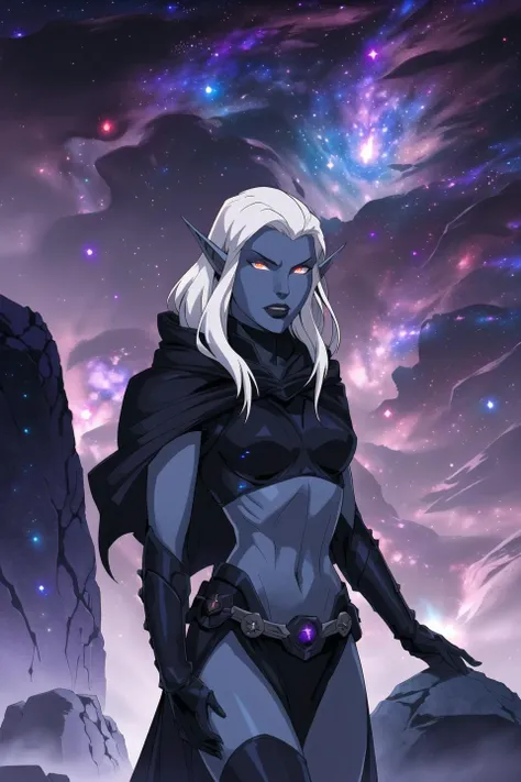 drow, female, pointy ears, solo, elf, navel, hood, colored skin, midriff, long hair, cloak, dark elf, breasts, white hair, hood up, cape, armor, medium breasts, hooded cloak, belt, pouch, red eyes, grey skin, orange eyes, upper body, glowing eyes, lips, (space, nebula, galaxy, universe, starts), cosmic, (dark magic, dark spell circle:0.8), spiky stones, altar, floating rocks, (volumetric lighting:1.1), (masterpiece, best quality:1.1), <lora:drow_offset:1>, <lora:something_unlimited:0.5>