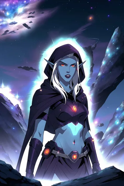 drow, female, pointy ears, solo, elf, navel, hood, colored skin, midriff, long hair, cloak, dark elf, breasts, white hair, hood up, cape, armor, medium breasts, hooded cloak, belt, pouch, red eyes, grey skin, orange eyes, upper body, glowing eyes, lips, (space, nebula, galaxy, universe, starts), cosmic, (dark magic, dark spell circle:0.8), spiky stones, altar, floating rocks, (volumetric lighting:1.1), (masterpiece, best quality:1.1), <lora:drow_offset:1> <lora:ben10af_offset:0.5>