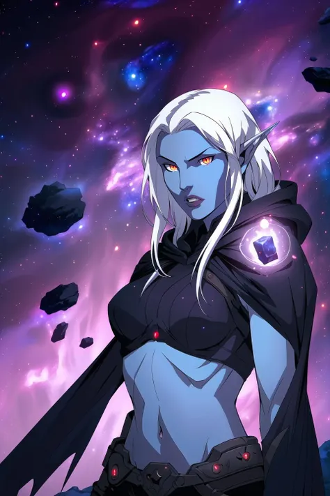 drow, female, pointy ears, solo, elf, navel, hood, colored skin, midriff, long hair, cloak, dark elf, breasts, white hair, hood up, cape, armor, medium breasts, hooded cloak, belt, pouch, red eyes, grey skin, orange eyes, upper body, glowing eyes, lips, (space, nebula, galaxy, universe, starts), cosmic, (dark magic, dark spell circle:0.8), spiky stones, altar, floating rocks, (volumetric lighting:1.1), (masterpiece, best quality:1.1), <lora:drow_offset:1>, <lora:witcher_offset:0.5>