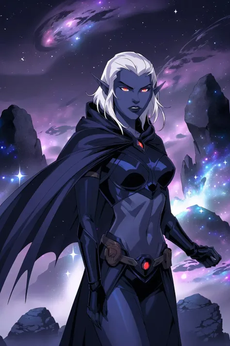drow, female, pointy ears, solo, elf, navel, hood, colored skin, midriff, long hair, cloak, dark elf, breasts, white hair, hood up, cape, armor, medium breasts, hooded cloak, belt, pouch, red eyes, grey skin, orange eyes, upper body, glowing eyes, lips, (space, nebula, galaxy, universe, starts), cosmic, (dark magic, dark spell circle:0.8), spiky stones, altar, floating rocks, (volumetric lighting:1.1), (masterpiece, best quality:1.1), <lora:drow_offset:1>, <lora:something_unlimited:0.5>