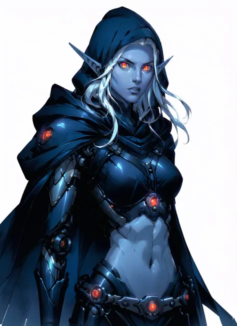 drow, female, pointy ears, solo, elf, navel, hood, colored skin, midriff, looking at viewer, long hair, cloak, dark elf, breasts, white hair, hood up, cape, medium breasts, hooded cloak, belt, pouch, red eyes, grey skin, orange eyes, upper body, weapon, glowing eyes, lips, ((masterpiece, best quality)), art by greg rutkowski, trending on artstation, <lora:drow_offset:1><lora:cgmechmix_offset:1><lora:more_details:0.3> (cgmech, mecha, mechanical joints, robot parts)