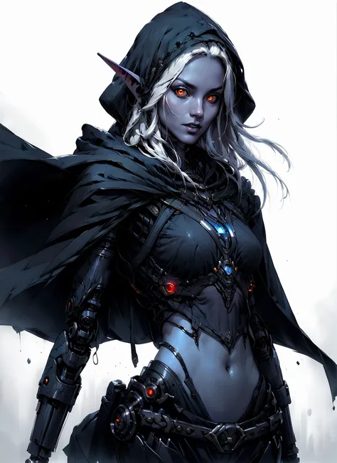 drow, female, pointy ears, solo, elf, navel, hood, colored skin, midriff, looking at viewer, long hair, cloak, dark elf, breasts, white hair, hood up, cape, medium breasts, hooded cloak, belt, pouch, red eyes, grey skin, orange eyes, upper body, weapon, glowing eyes, lips, ((masterpiece, best quality)), art by greg rutkowski, trending on artstation,  <lora:drow_offset:1><lora:cgmechmix_offset:1><lora:more_details:0.3> (cgmech, mecha, mechanical joints, robot parts)