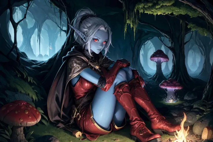 masterpiece:1.2, best quality,1girl, underground, subterranean river, stalactites, stalagmites, moss, glowing mushrooms, dark, spider motif, drow, dark elf, grey skin, ponytail, red eyes, pointy ears, chainmail, leather boots, sitting, campfire, <lora:drow_offset:0.8>, <lora:more_details:0.6>, <lora:hugging_own_legs_v0.3:1.0>, hugging own legs