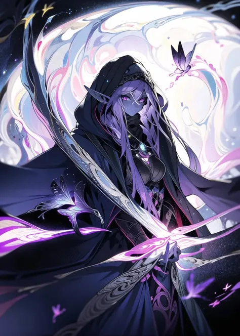 masterpiece, best quality, official art, extremely detailed CG unity 8k wallpaper, detailed background, ((drow)), (girl), pointy ears, solo, elf, colored skin, looking at viewer, (long purple  hair), cloak, (dark elf), breasts, (hood up), (cape), medium breasts, (hooded cloak), red eyes, grey skin, upper body, (take the harp), glowing eyes, floral headwear, flying butterfly, starry sky, clusters of stars,forest,<lora:drow_offset:1> <lora:YingY:1>