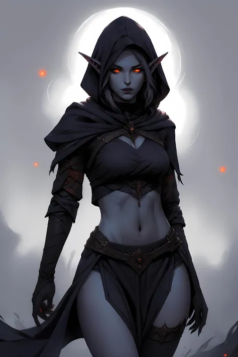 drow, dark elf, colored skin, grey skin, pointy ears, red eyes, orange eyes, glowing eyes, midriff, skinny, dark short skirt, dark hood, art by greg rutkowski, trending on artstation, <lora:drow_offset:1>