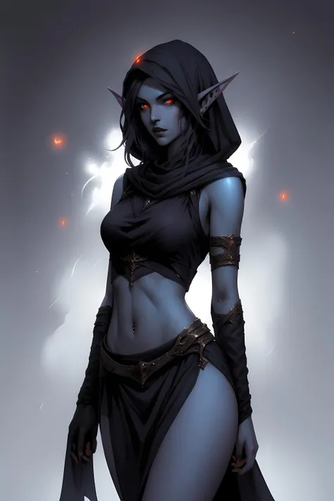 drow, dark elf, colored skin, grey skin, pointy ears, red eyes, orange eyes, glowing eyes, midriff, skinny, dark short skirt, dark hood, art by greg rutkowski, trending on artstation, <lora:drow_offset:1>
