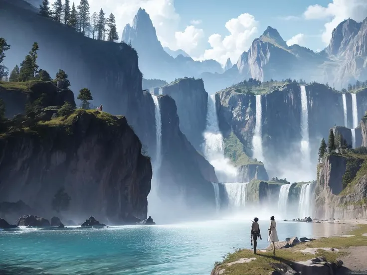 masterpiece, best quality, high quality, extremely detailed CG unity 8k wallpaper, scenery, (((outdoors fallout \(series\)))), sky, cloud, day, high detailed miniatures humans, mountain, landscape, water, tree, blue sky, waterfall, cliff, nature, lake, river, cloudy sky,award winning photography, bokeh, Depth of Field, HDR, bloom, Chromatic Aberration ,Photorealistic, extremely detailed, trending on artstation, trending on CGsociety, Intricate, High Detail, dramatic, art by midjourney