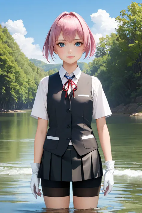 (masterpiece, best quality:1.2), cowboy shot, solo, 1girl, shiranui, slight smile, looking at viewer, wading, ponytail, school uniform, vest, neck ribbon, skirt, bike shorts, white gloves <lora:kancolle_shiranui:1.0>