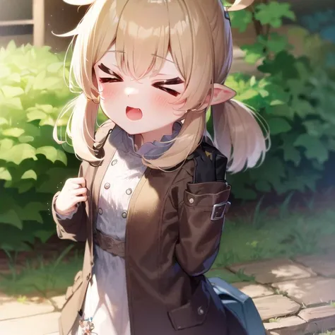 extremely detailed CG, high resolution, best quality, masterpiece, (bishoujo:1.3), (game cg), kleernd, >_<, v_eyes, closed eyes, simple eyes, <lora:v_eyes:1> <lora:kleeGenshinImpact_v10:0.8>