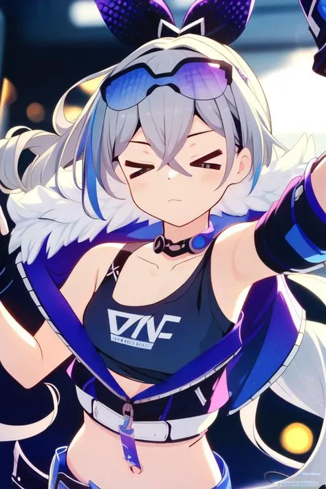 <lora:v_eyes:1.1>, (masterpiece:1.5), illustration, 4k, 8k, (high quality:1.1), HDR, vivid colors, (>_<:1), (chibi:0.5), closed_eyes, 1 girl, detailed background, bokeh <lora:honkaiStarRailBronyaSilverWolf_v10(silver wolf):0.8>, silver wolf, bronya, closed eyes, navel,