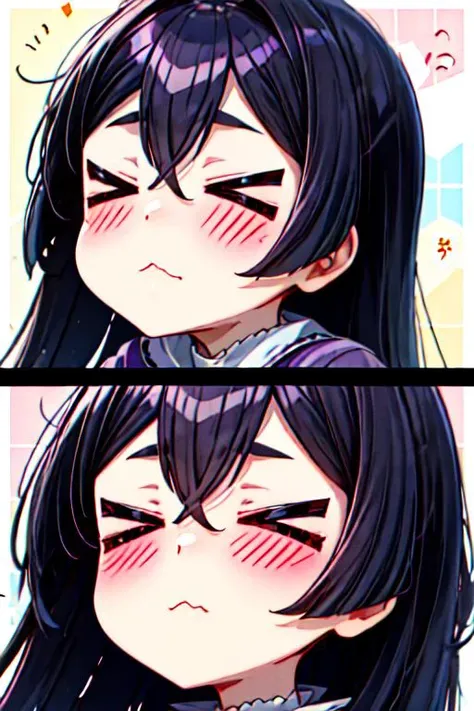 masterpiece,best quality,(chibi:1),1girl,Raikou,purple hair,long hair,blush,eye focus,(>_<:1),closed_eyes,<lora:CHAR-FGO-Raikou_Hard:0.7>,<lora:Concept-v_eyes:1>,