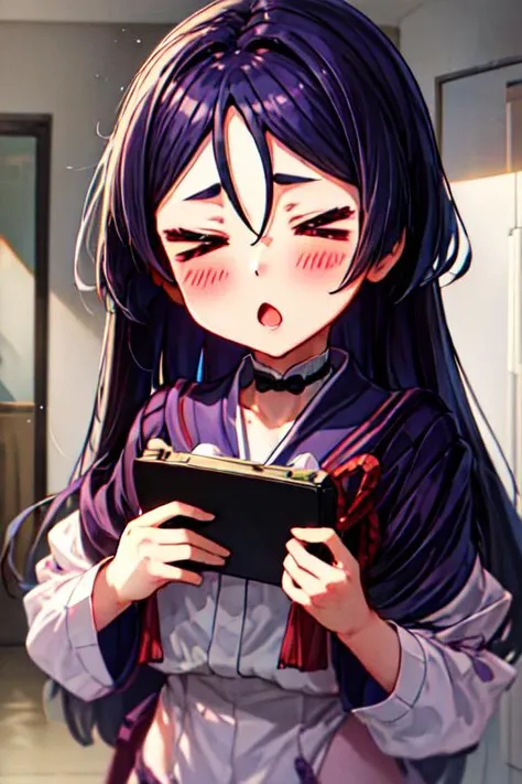 masterpiece,best quality,(chibi:0.8),1girl,Raikou,purple hair,long hair,blush,eye focus,(>o<:1),closed_eyes,<lora:CHAR-FGO-Raikou_Hard:0.7>,<lora:Concept-v_eyes:1>,