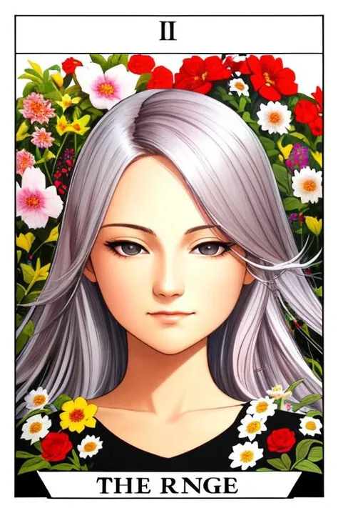 tarot card, (dynamic angle), (detailed face:1.1), (best quality:1.0), 1 female, 24yo, solo, silver long hair, flower garden, detailed background, black eyes, highres, lying, on back, sleeping, (closed mouth:1.1), (cinematic lighting:1.2), (by Range Murata:1.0), (by Taka Tony:1.0), by Jeremy Lipking, upper body