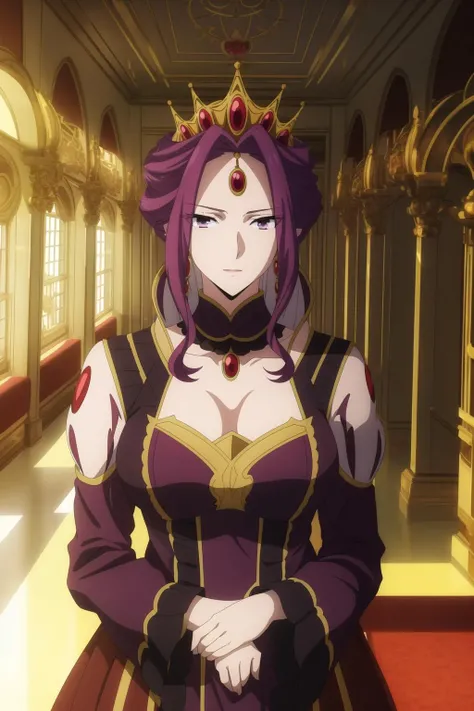 a large hall with a red carpet,
Standing at attention,
Queen Dress,(Purple_Glass_High_Heels),golden crown,(black_pantyhose),
<lora:more_details:0.3>,<lora:Mirellia_Q_Melromarc-KK77-V1:0.7>,
purple_hair, purple_eyes, jewelry, earrings
1 girl, 20yo,Young female,Beautiful Finger,Beautiful long legs,Beautiful body,
Beautiful Nose,Beautiful character design, perfect eyes, perfect face,expressive eyes,
looking at viewer, in the center of the image,(Upper_body),(Focus on her face),
official art,extremely detailed CG unity 8k wallpaper, perfect lighting,Colorful, Bright_Front_face_Lighting,shiny skin,
(masterpiece:1.0),(best_quality:1.0), ultra high res,4K,ultra-detailed,
photography, 8K, HDR, highres, absurdres:1.2, Kodak portra 400, film grain, blurry background, bokeh:1.2, lens flare, (vibrant_color:1.2)
(Beautiful,Breasts), (beautiful_face:1.5),(narrow_waist),
