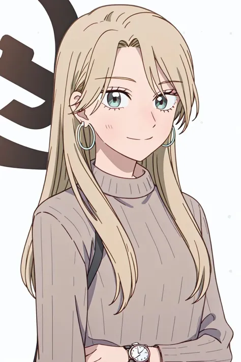 best anatomy, detailed eyes, perfect eyes, yuzukiv1, long hair, grey eyes, 1girl, solo, smile, blonde hair, simple background, medium sleeves, sweater, turtleneck, hoop earrings, brown sweater, pants, bag, watch, wristwatch, high-waist pants, upper body, portrait, Leaning against an invisible box, <lora:YuzukiV1:0.9>