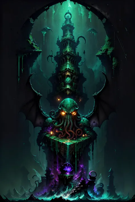 Cthulhu lurking below (the earth), below the waves, in a prison of stone, ([black background:overlapping green gold mauve color swirls:5]), (black stone frame, black edges), ancient stone border, bat wings, dripping, abstract, ocean waves, ancient spires rising from the sea, the stars are right, the sleeper awakens, in the style of b1nk.
<lora:add_detail:0.1> <lora:b1nk3CIVIT:0.5> <lora:Stylora:0.5> <lora:cthulhu-beta4-clipskip2-000009:0.7>