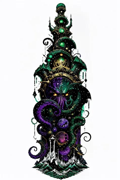 Cthulhu lurking below (the earth), below the waves, in a prison of stone, ([white background:overlapping green gold purple color gradients background:5]), (black stone frame, black edges), writhing tentacle border, bat wings, dripping, abstract, ocean waves, ancient spires rising from the sea, the stars are right, the sleeper awakens, in the style of b1nk.
<lora:add_detail:0.3> <lora:b1nk3CIVIT:0.8> <lora:Stylora:0.3> <lora:cthulhu-beta4-clipskip2-000009:0.9>