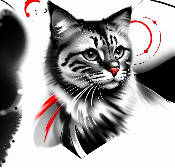 tattooart of a cat, monochrome,red and black, lineart, simple background, trash polka, in the style of b1nk <lora:b1nk3(0.85-1)CIVIT:1>