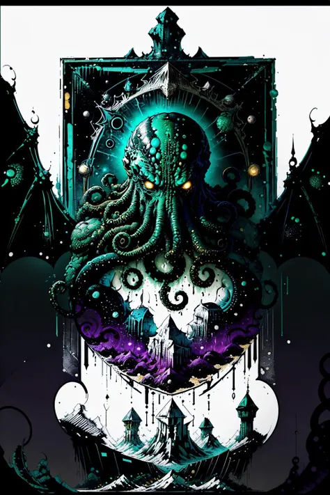 Cthulhu lurking below (the earth), ([white background:overlapping desaturated color gradients background:5]), ((black frame)), writhing tentacle border, bat wings, dripping, abstract, green gold purple, star charts, ocean waves, ancient spires rising from the sea, the stars are right, the sleeper awakens, in the style of b1nk.
<lora:add_detail:0.3> <lora:b1nk3CIVIT:0.8> <lora:Stylora:0.5> <lora:cthulhu-beta4-clipskip2-000009:0.9>