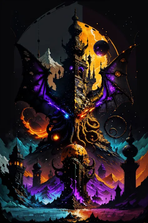 Cthulhu grasps the burning Earth, mountains shattered, the prison of stone broken, ([purple background:overlapping swirling color purple gold white:5]), (black stone frame, black edges), ancient stone border, bat wings, dripping, flames, eldritch revelry, abstract, ocean waves, ancient spires rising from the sea, the stars are right, the sleeper awakens, in the style of b1nk.
<lora:add_detail:0.1> <lora:b1nk3CIVIT:0.7> <lora:Stylora:0.7> <lora:cthulhu-beta4-clipskip2-000009:0.9>