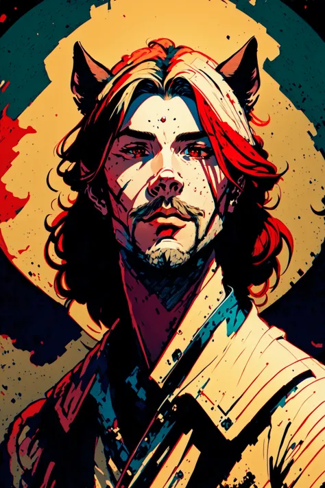 (masterpiece, best quality, ultra-detailed, highres, best illustration),perfect face, ((solo, solo focus)),sidelighting, lustrous skin,(bloom), (shine), ray tracing,solo,solo,animal ears, 1boy, solo, male focus, facial hair,red eyes , looking at viewer, beard, red hair, mustache, wings, lips,cat ears,depth_of_field,very detailed background,extreme light and shadow,(detailed eyes), (beautiful) beautiful detailed eyes, perfect lighting , perfect anatomy,(extremely detailed illustrated 8k wallpaper),(masterpiece), (best quality), (ultra-detailed), (best illustration),(best shadow) , vivid colors, <lora:Comics-10:1>