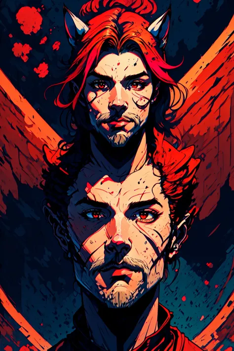 (masterpiece, best quality, ultra-detailed, highres, best illustration),perfect face, ((solo, solo focus)),sidelighting, lustrous skin,(bloom), (shine), ray tracing,solo,solo,animal ears, 1boy, solo, male focus, facial hair,red eyes , looking at viewer, beard, red hair, mustache, wings, lips,cat ears,depth_of_field,very detailed background,extreme light and shadow,(detailed eyes), (beautiful) beautiful detailed eyes, perfect lighting , perfect anatomy,(extremely detailed illustrated 8k wallpaper),(masterpiece), (best quality), (ultra-detailed), (best illustration),(best shadow) , vivid colors, <lora:Comics-10:1>