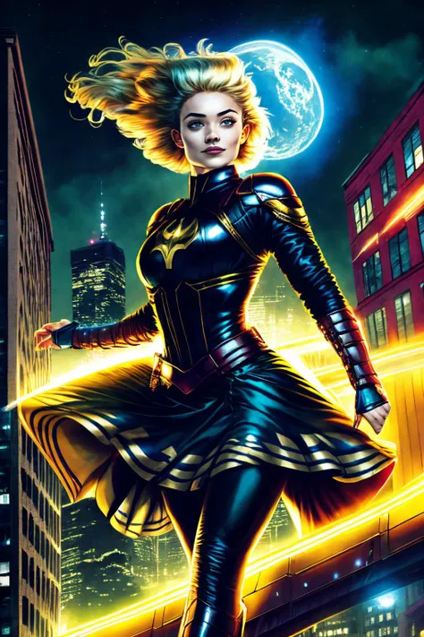 comic art of RoxieCipher as a superhero, smiling, wearing a costume, flying through the city at night <lora:Comics-10:0.75> <lora:CircuitBoardAI:0.75>