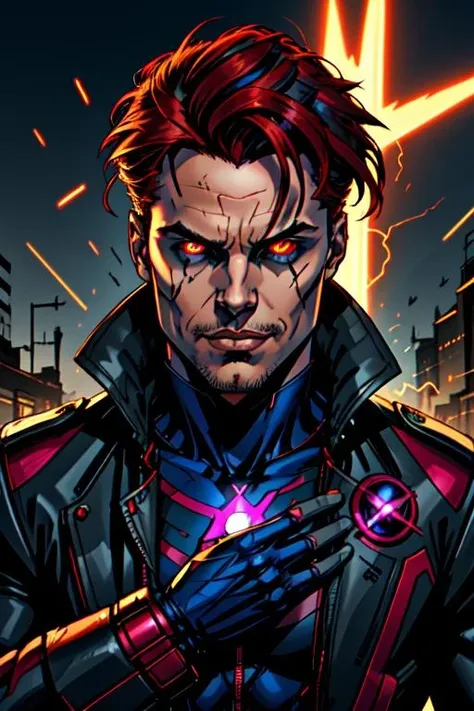 ZipFile Comi Style, 
portrait of 1boy gambit, solo, x-men, bodysuit, trench coat, electricity, long sleeves, looking at viewer, male focus, glowing eyes, black sclera, red eyes, red hair, smirk, facial hair, stubble, upper body, BREAK, handsome, professional, (Extremely Detailed:1.2), glow effects, godrays, intricate details, sharp focus, dramatic, sharp contrast,
 <lora:Comics_V3-05:0.7>