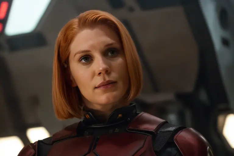 Starbuck, a close up of a woman with red hair, still from avengers endgame, with a bob cut, biblical female android, wearing a general\'s uniform, extremely emotional, rasputin, high quality screenshot, inspired by Evelyn Cheston, she has two ponytails, (high detailed skin:1.2), 8k uhd, dslr, soft lighting, high quality, film grain, Fujifilm XT3 <lora:Starbuck:0.7> <lora:epiNoiseoffset_v2:1>