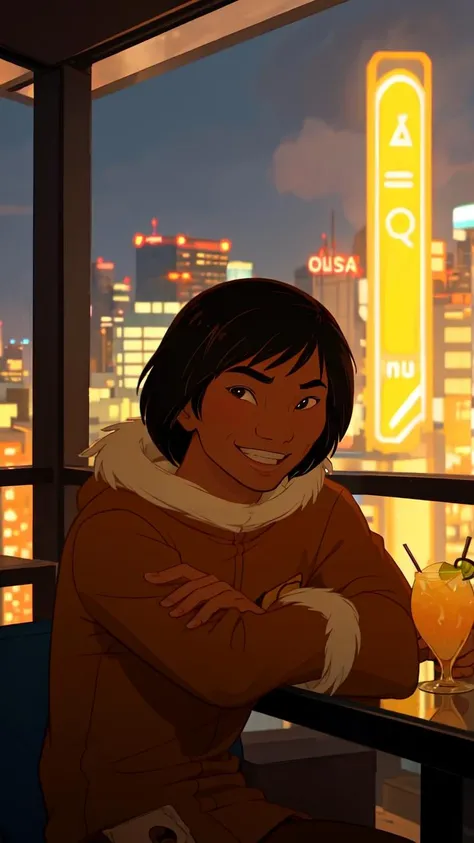 (masterpiece, best quality:1.1), kenai, 1boy, solo, outdoors, rooftop bar, city skyline, neon lights, music, futuristic, colorful cocktails, lounge chairs, glass railings, panoramic views, cozy atmosphere, grin, smile, looking at viewer
