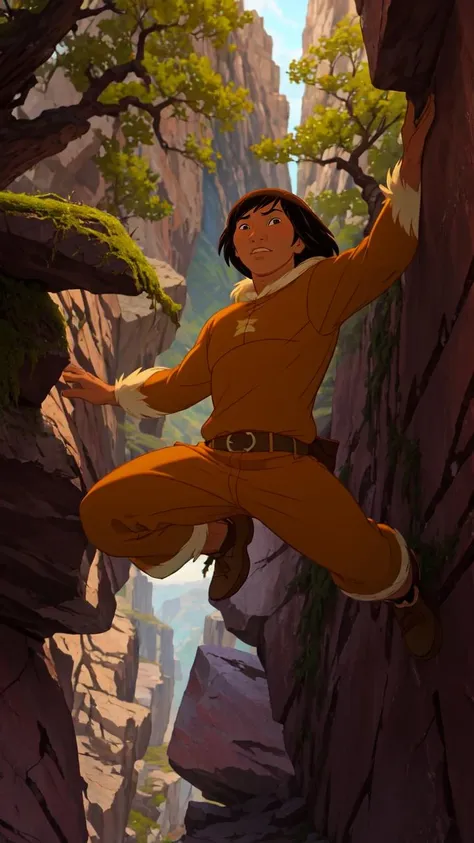 (masterpiece, best quality:1.1), kenai, 1boy, solo, outdoors, day, canyon, stone, rock, cracked wall, stone wall, moss, plant, bare tree, fulfilled, looking at viewer, jumping, legs apart, sunlight